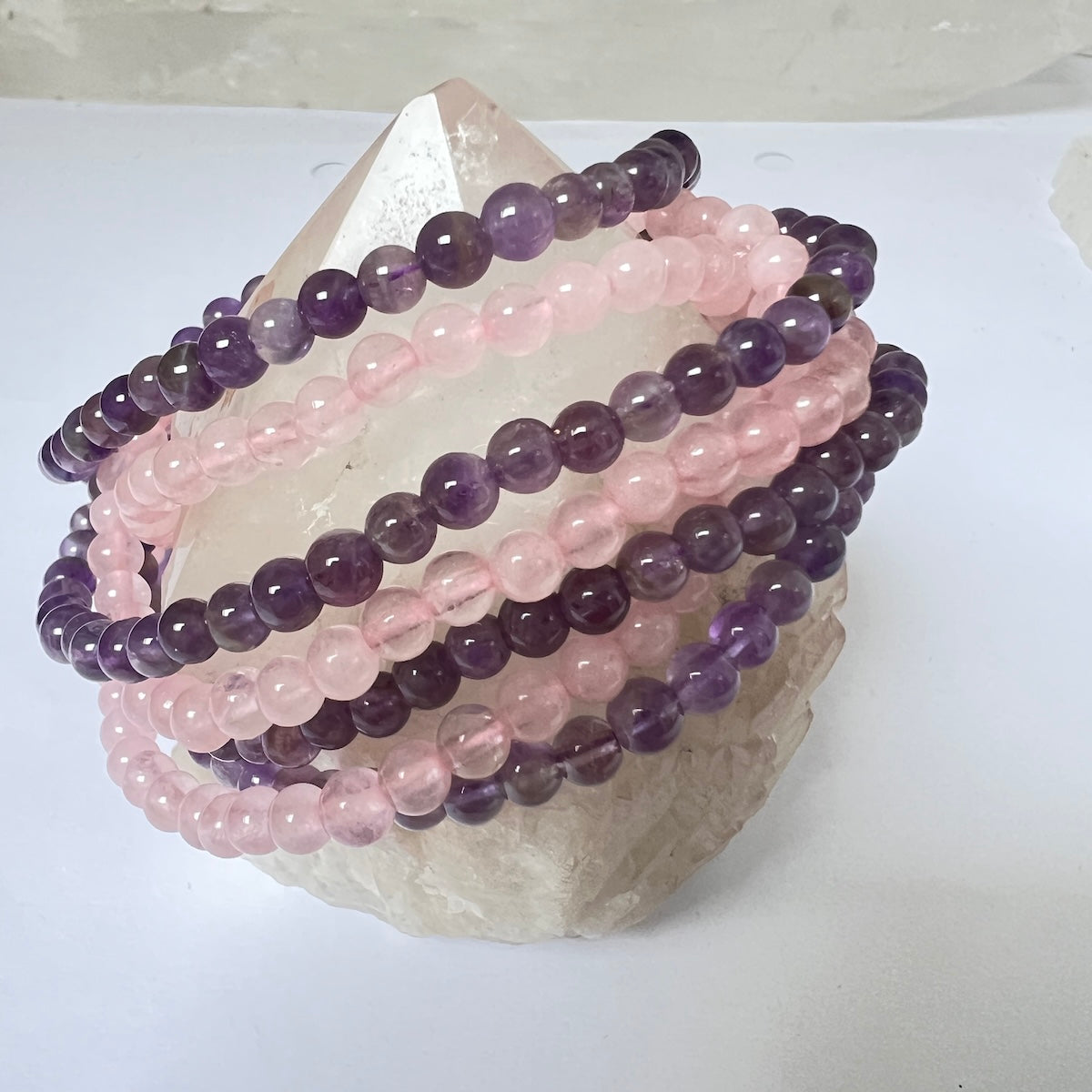 Semi Precious Stone Bracelet elasticated Rose quartz and Amethyst