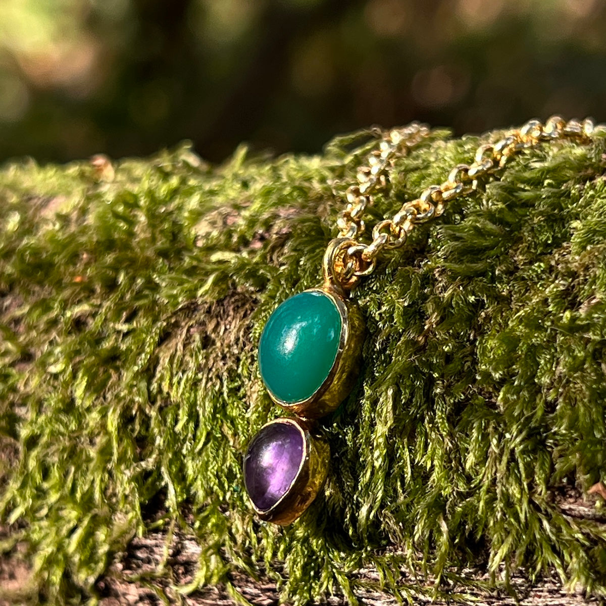 Shakti Green Onyx And Amethyst Pendant On Long Baby Belcher Chain