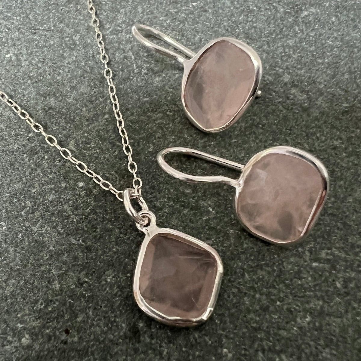Sweet Rose Quartz Freeform Pendant On Short Simple Silver Chain