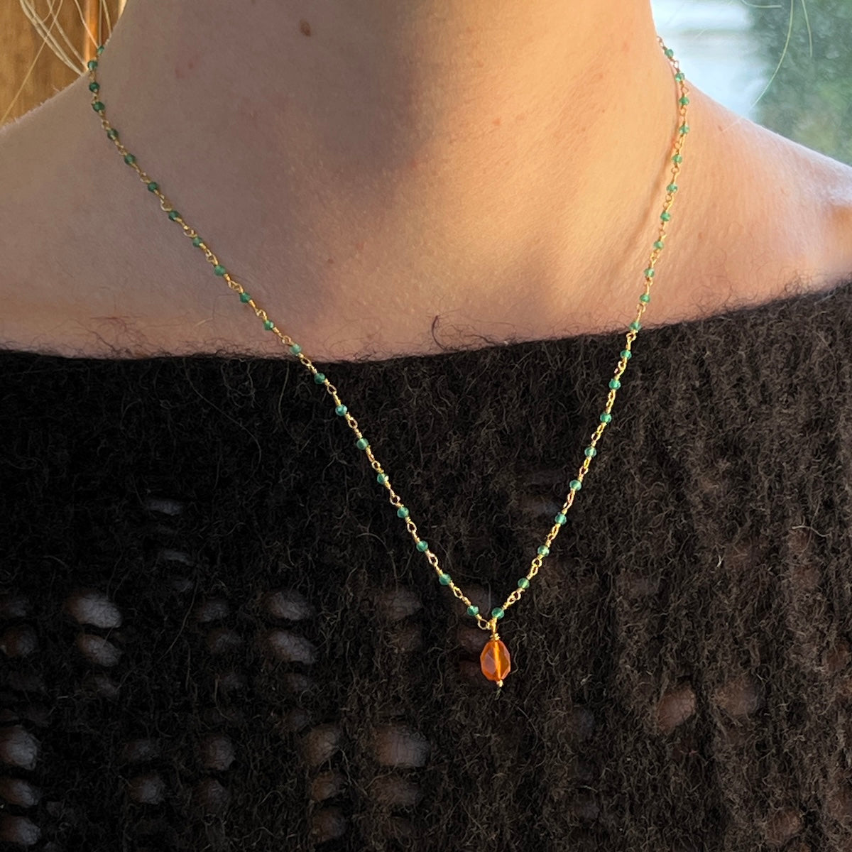 Green Onyx Rosary with  Mandarin Carnelian Facetted