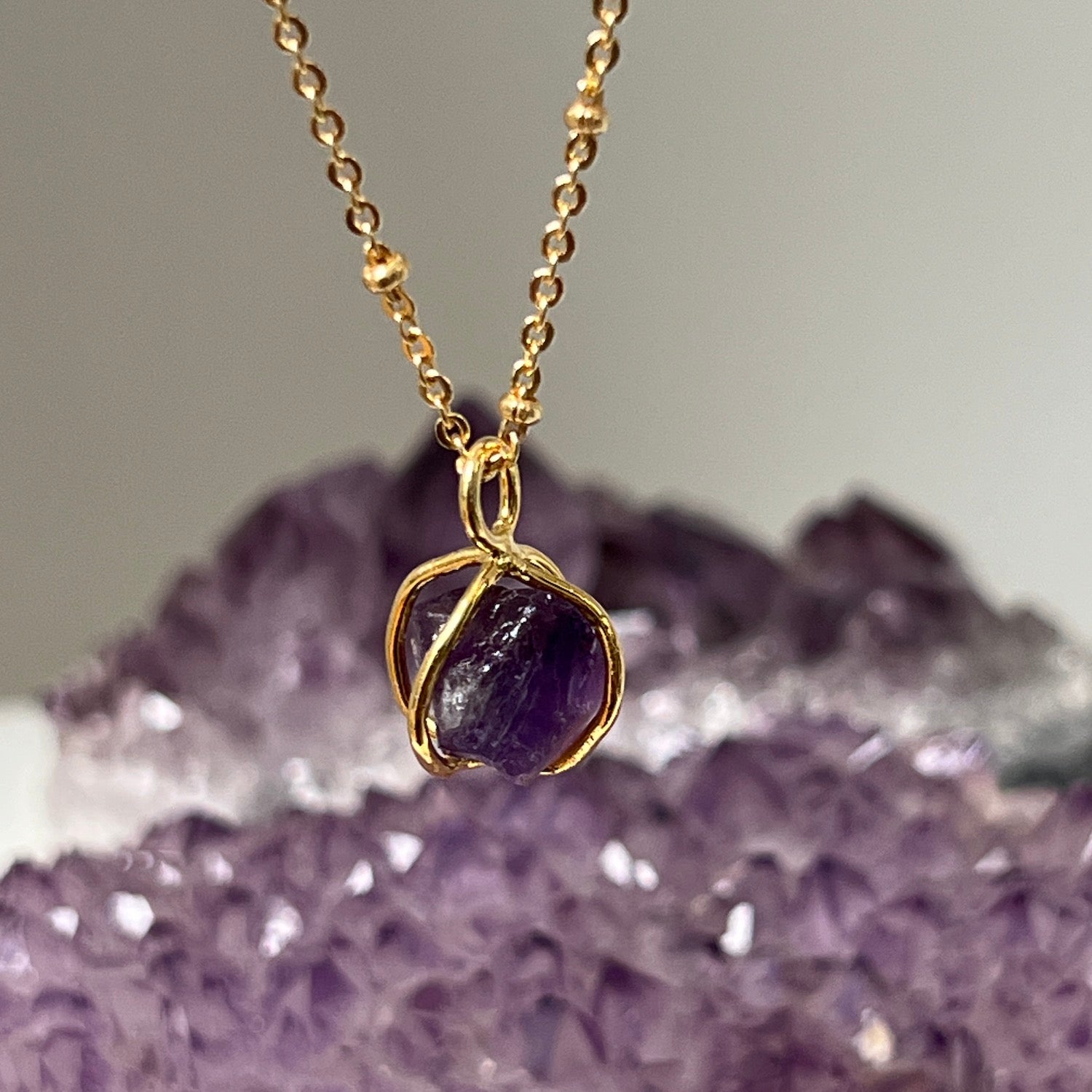 Amethyst Raw in Cage Pendant on Satellite chain
