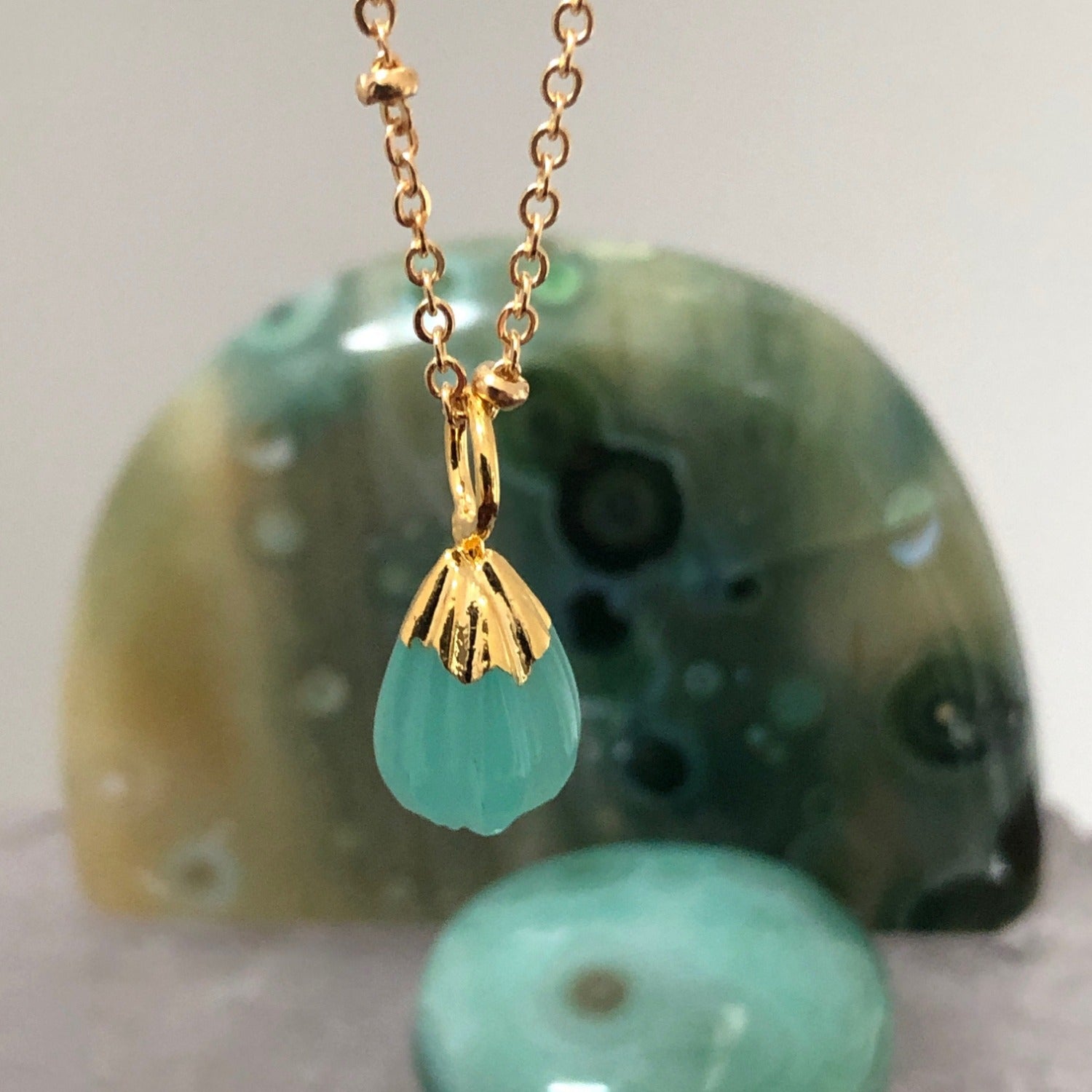 Eva Pendant Carved Green Onyx on satellite chain