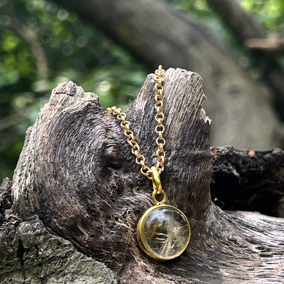 Citrine Cabochon Pendant With Inclusions on Long Baby Belcher Chain