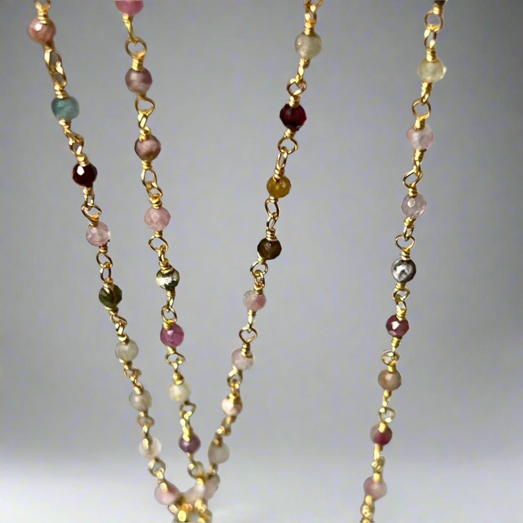 Multi Tourmaline Pastel Long Rosary with or without  Herkimer Diamond pendant