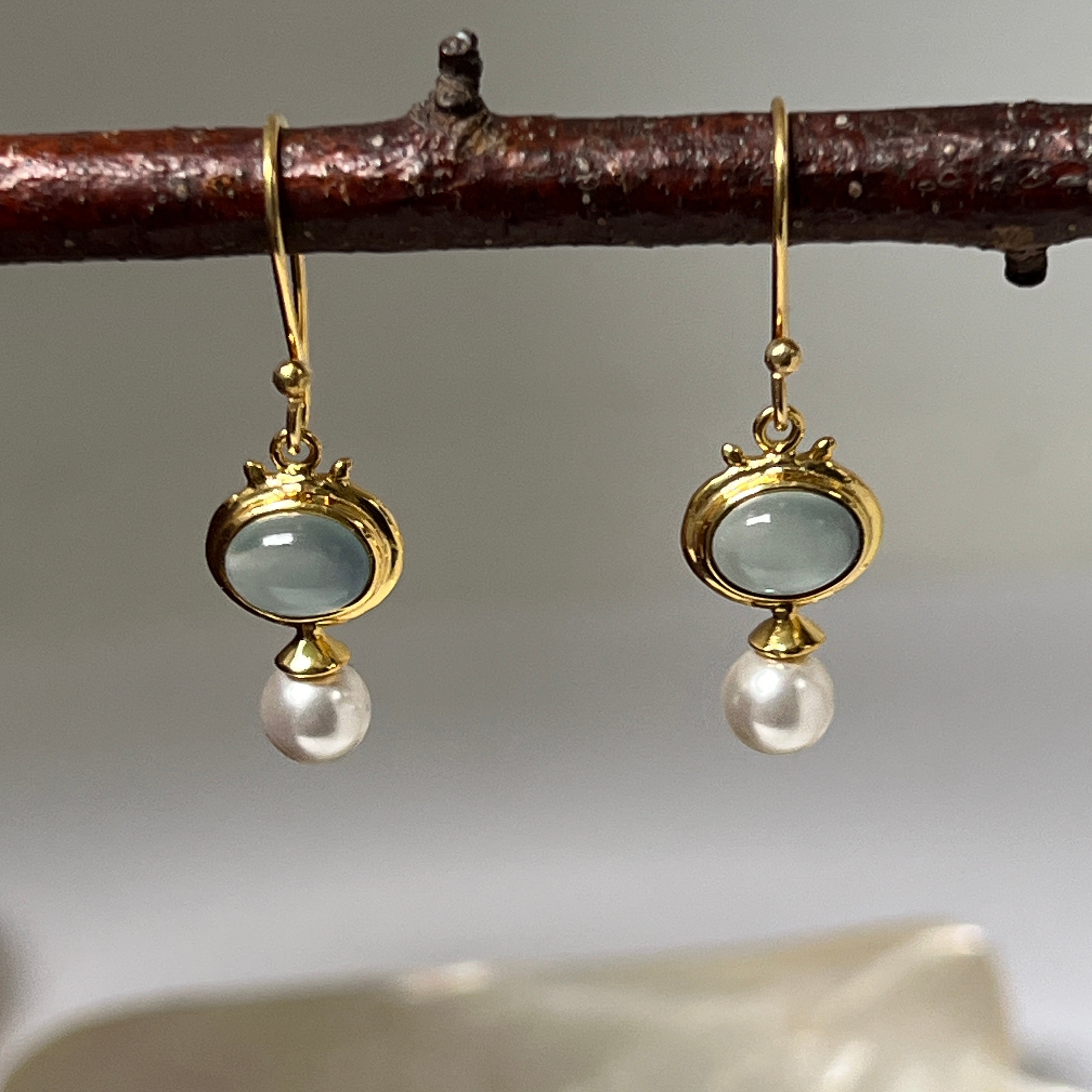 Margot Aqua Chalcedony and Pearl Vermeil Earrings