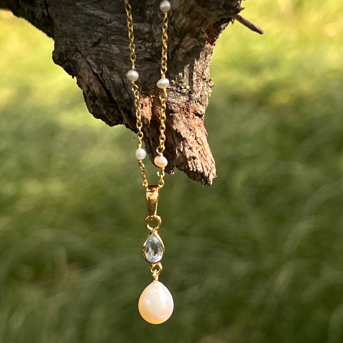Louise Blue Topaz Or Garnet With Pearl On Fancy Pearl Rosary