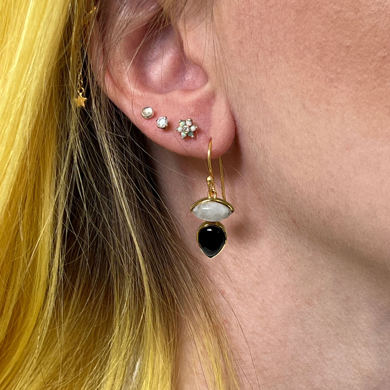 Indira Two Stone Black Onyx And Moonstone Earrings