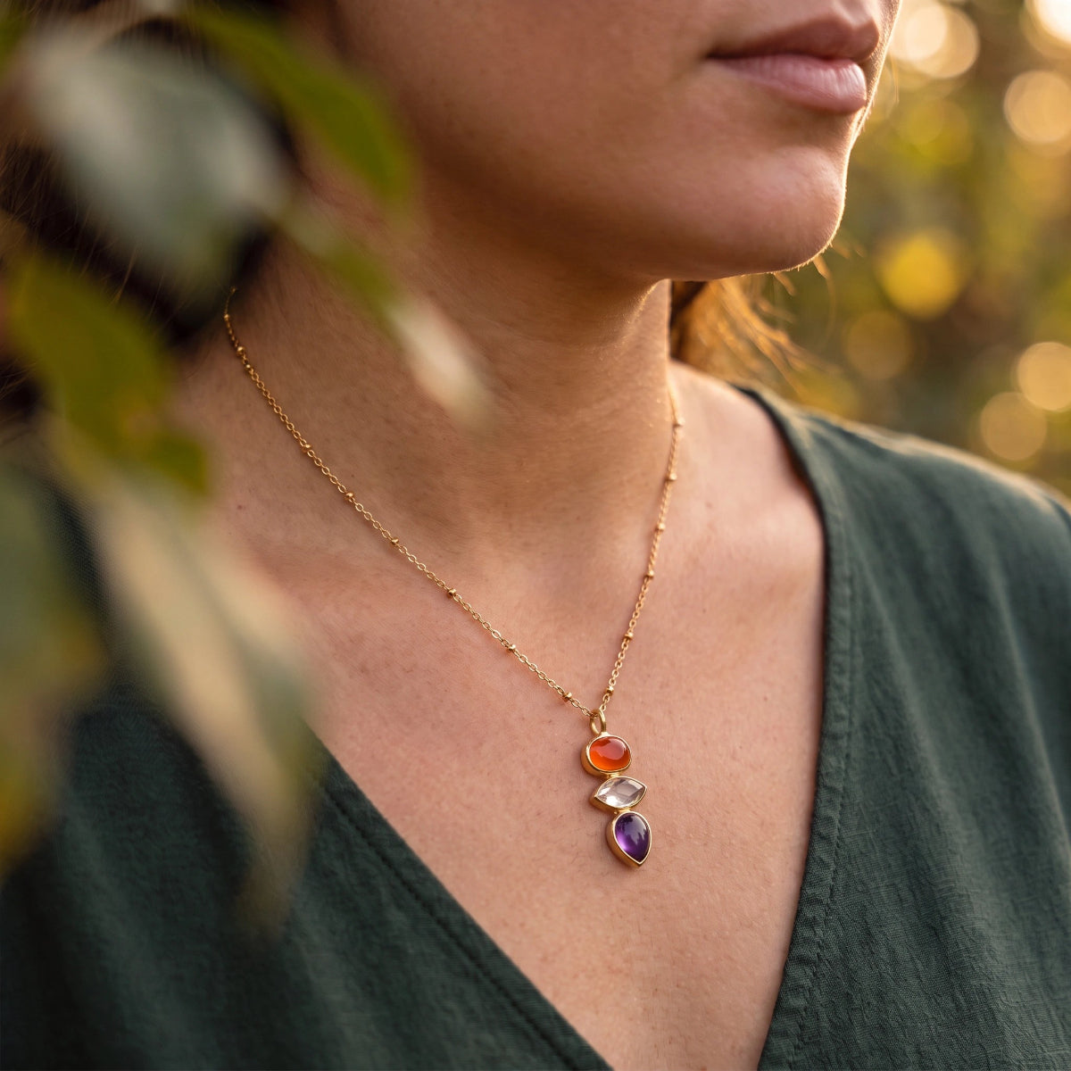 Indira Three Stone Pendant With Amethyst, Lemon Quartz And Red Onyx