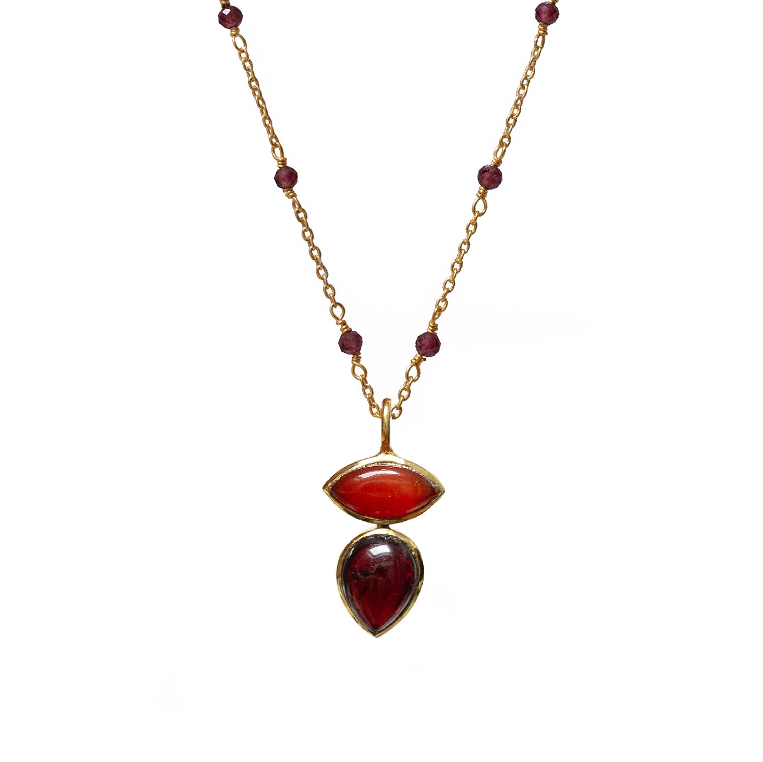 Indira Two Stone Red Onyx And Garnet Pendant Rosary or Satellite chain