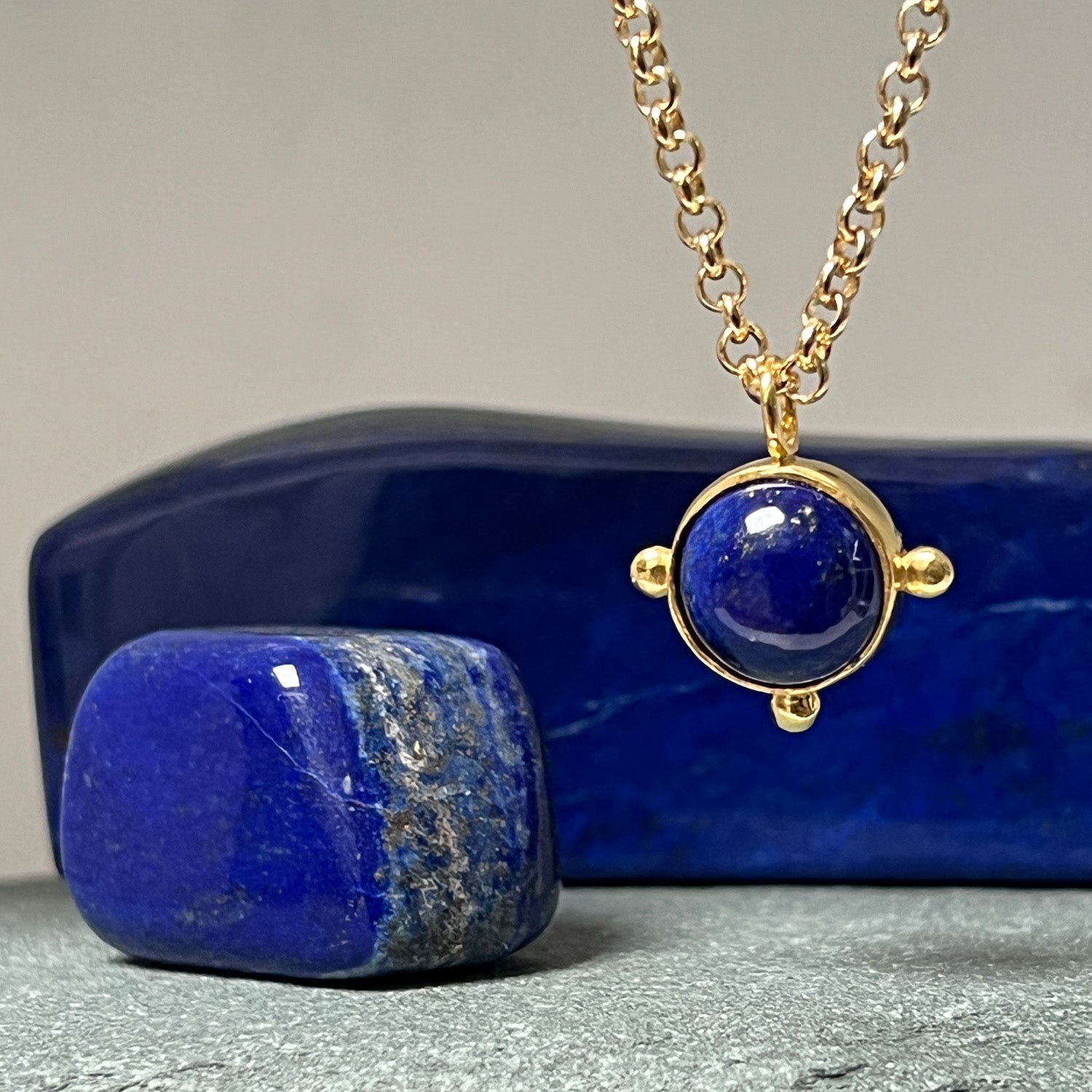 Wheel Of Fortune Lapis Lazuli Pendant On Baby Belcher Chain