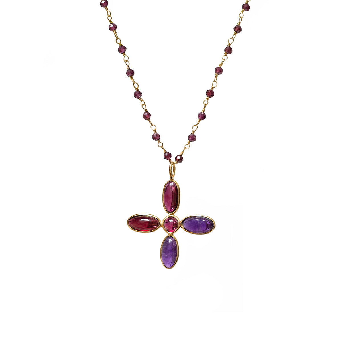 Large Amethyst And Garnet Cross Pendant On Garnet Rosary