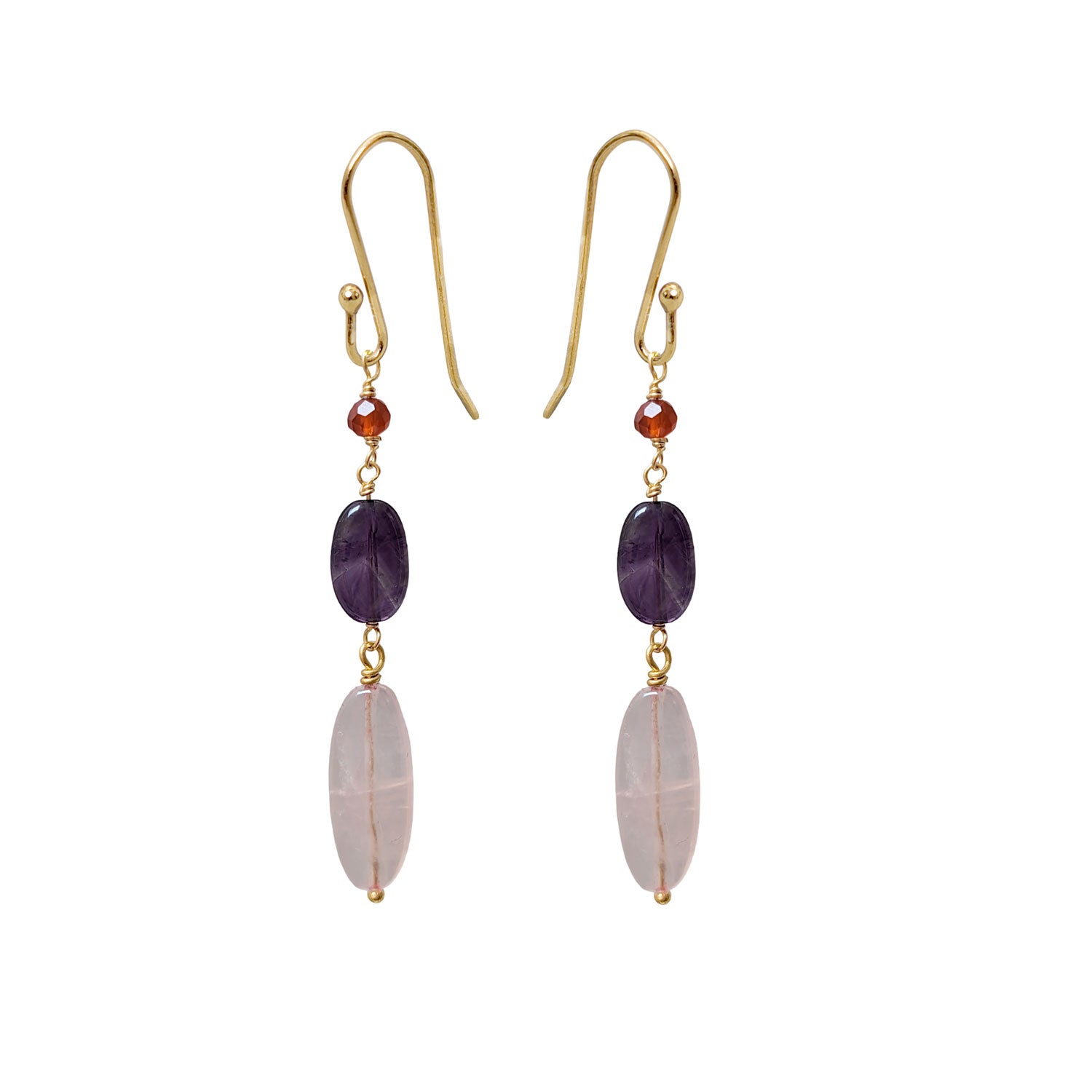 Long Rose Quartz, Amethyst and Carnelian Earrings
