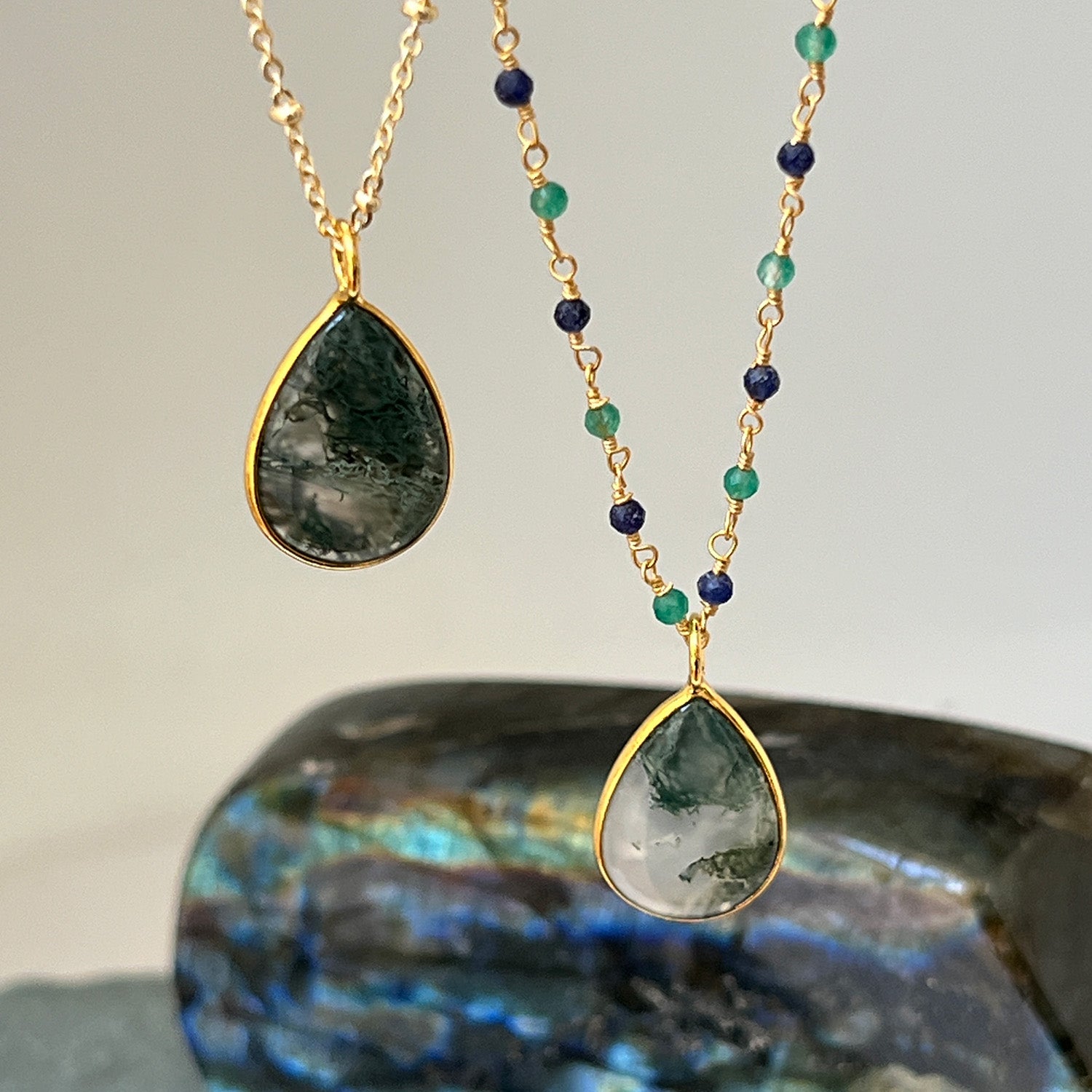 Drop Moss Agate Pendant On Rosary or satellite chain