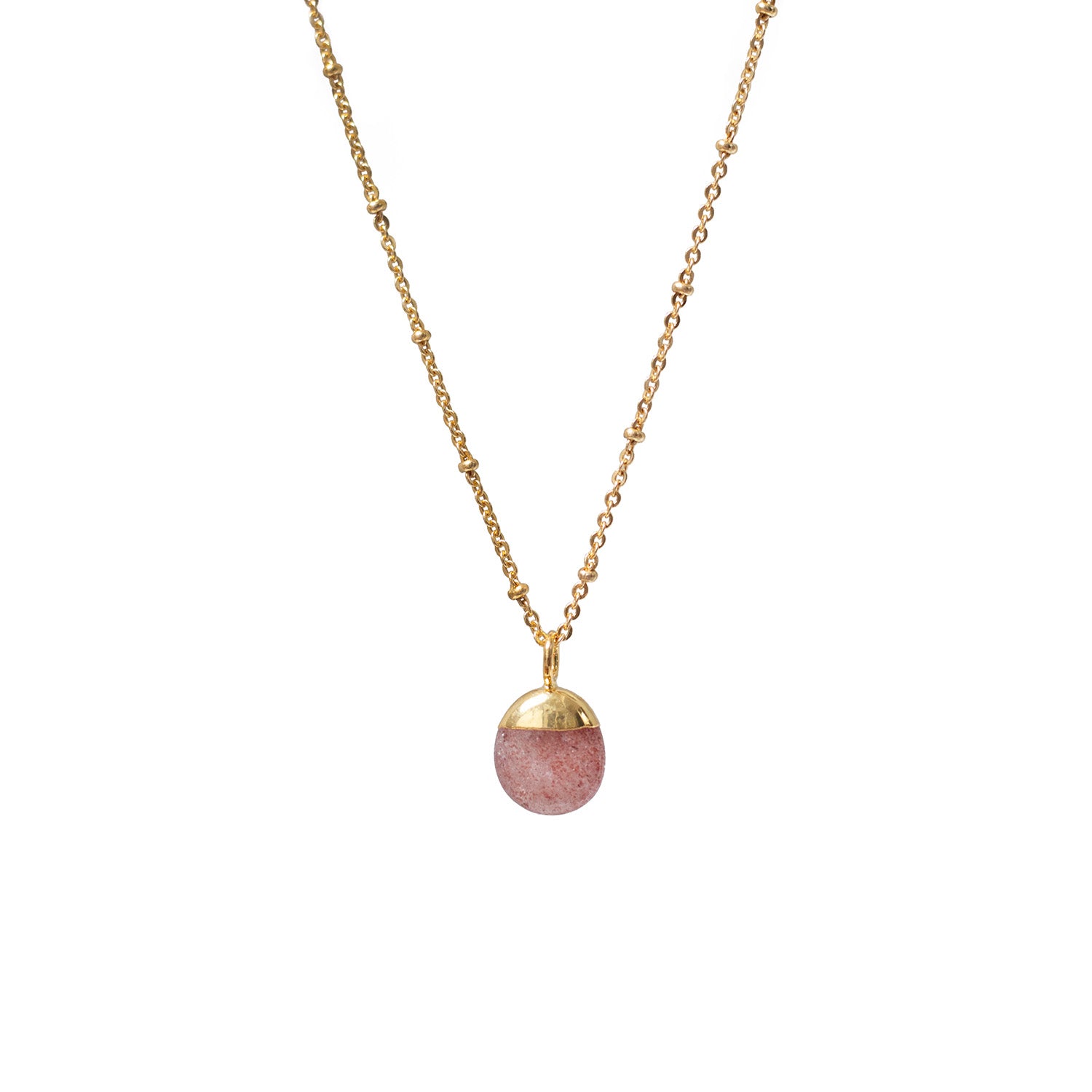 Mini Pebble Pendant Strawberry Quartz On Short Satellite Chain