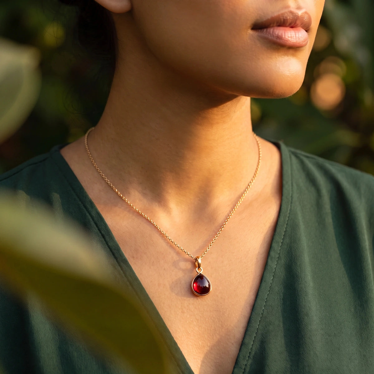 Dark Garnet Teardrop Pendant On Short Baby Belcher