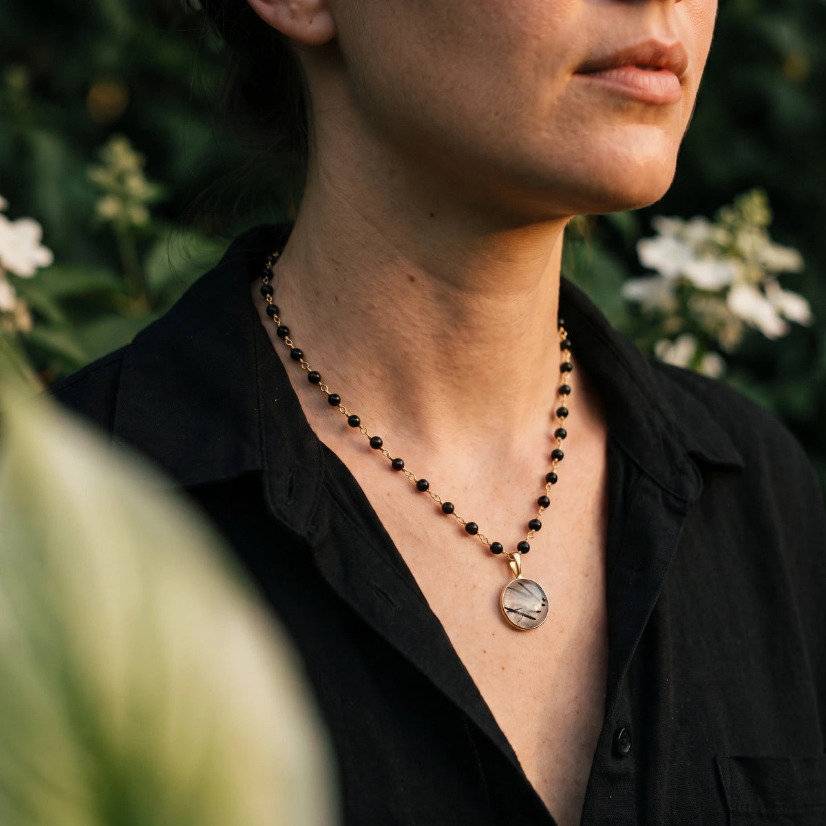Black Rutilated Quartz Cabochon Pendant On Short Black Onyx Rosary