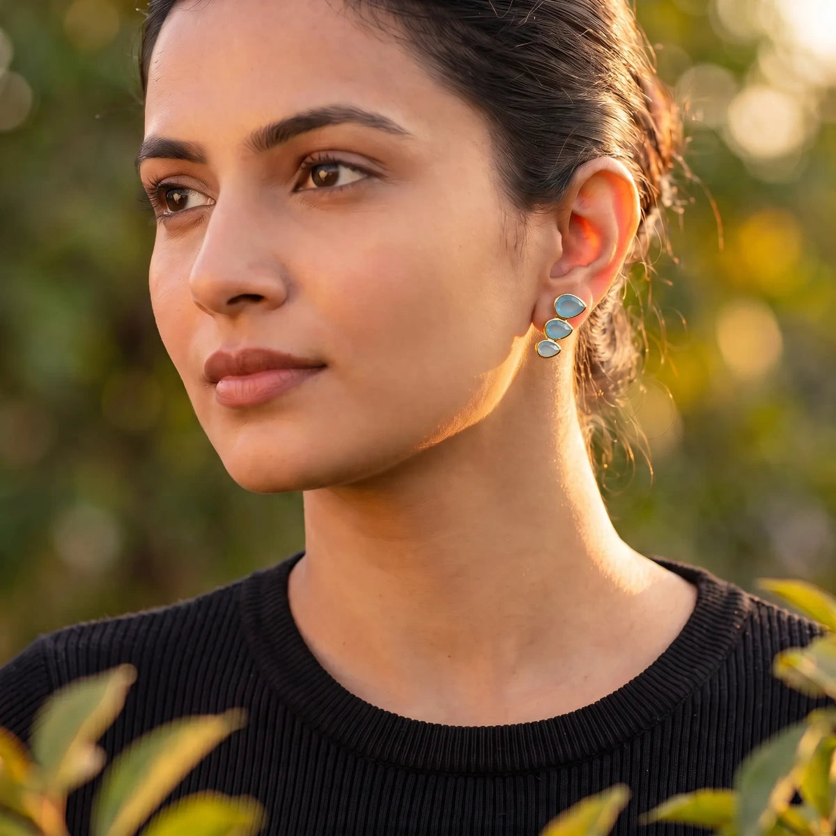 Trilogy Green Onyx or Aqua Chalcedony Stud Earrings