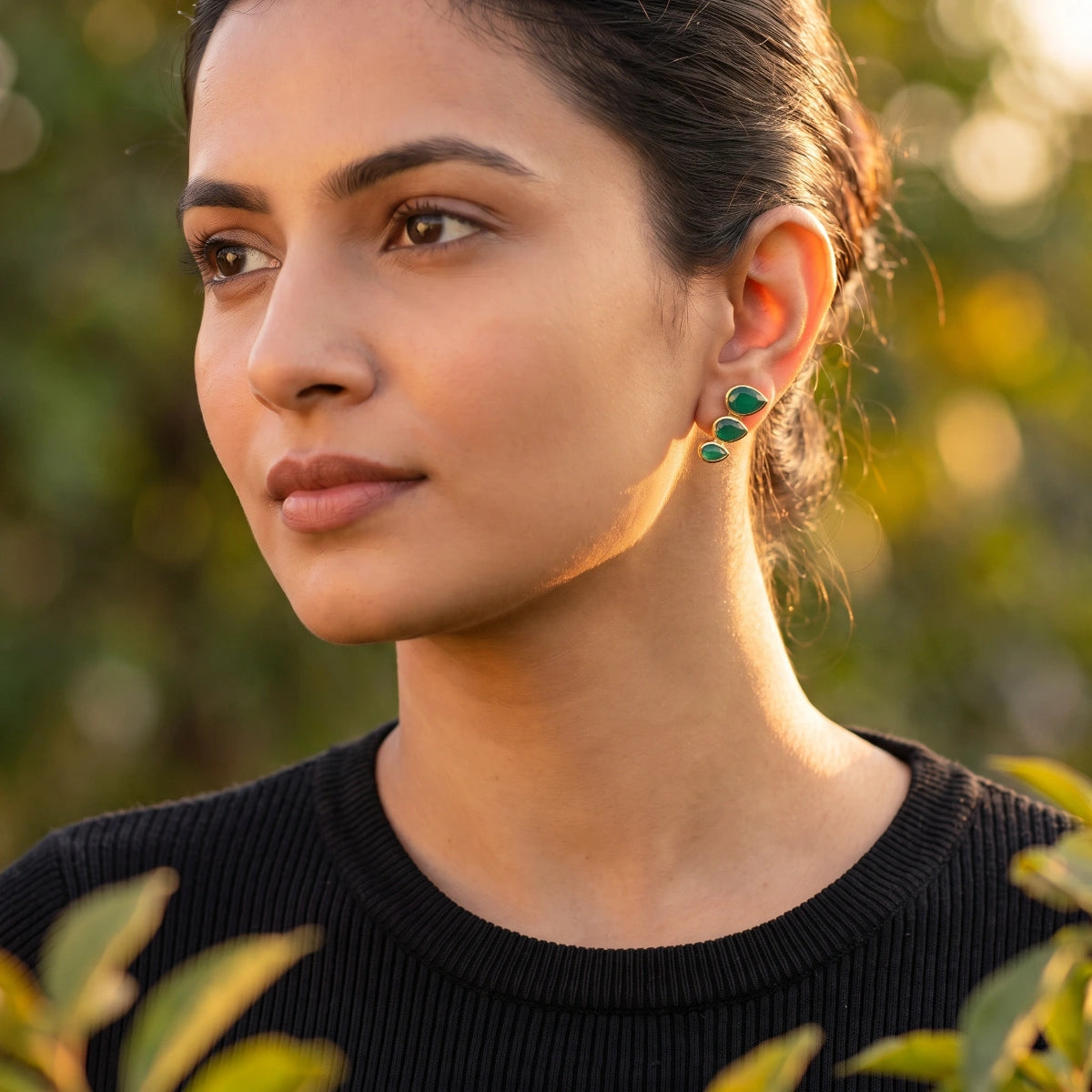 Trilogy Green Onyx or Aqua Chalcedony Stud Earrings