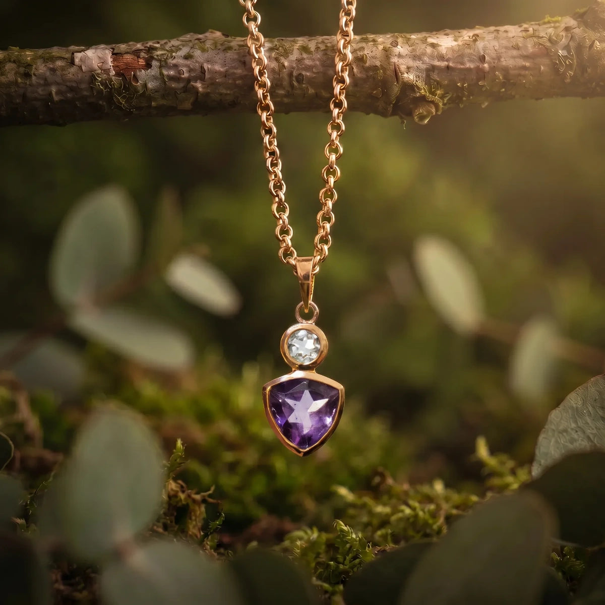 Sofia Amethyst And Blue Topaz Pendant On Short Baby Belcher