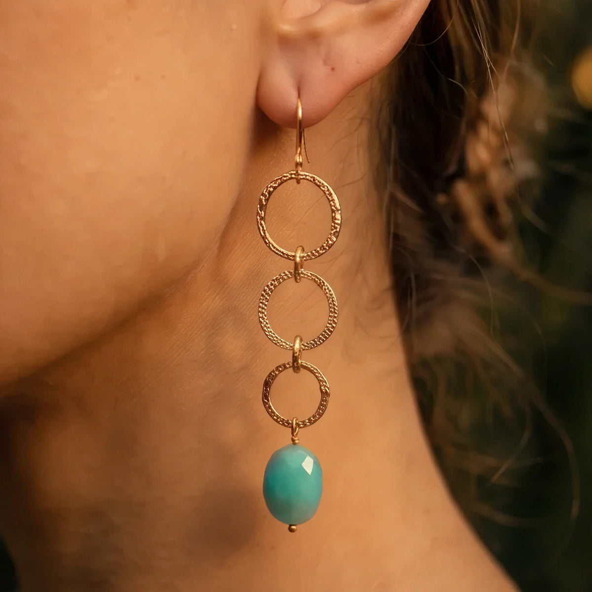 Long Loop Earrings With Semi Precious Stone Drop, Amazonite, Amethyst or Prehnite