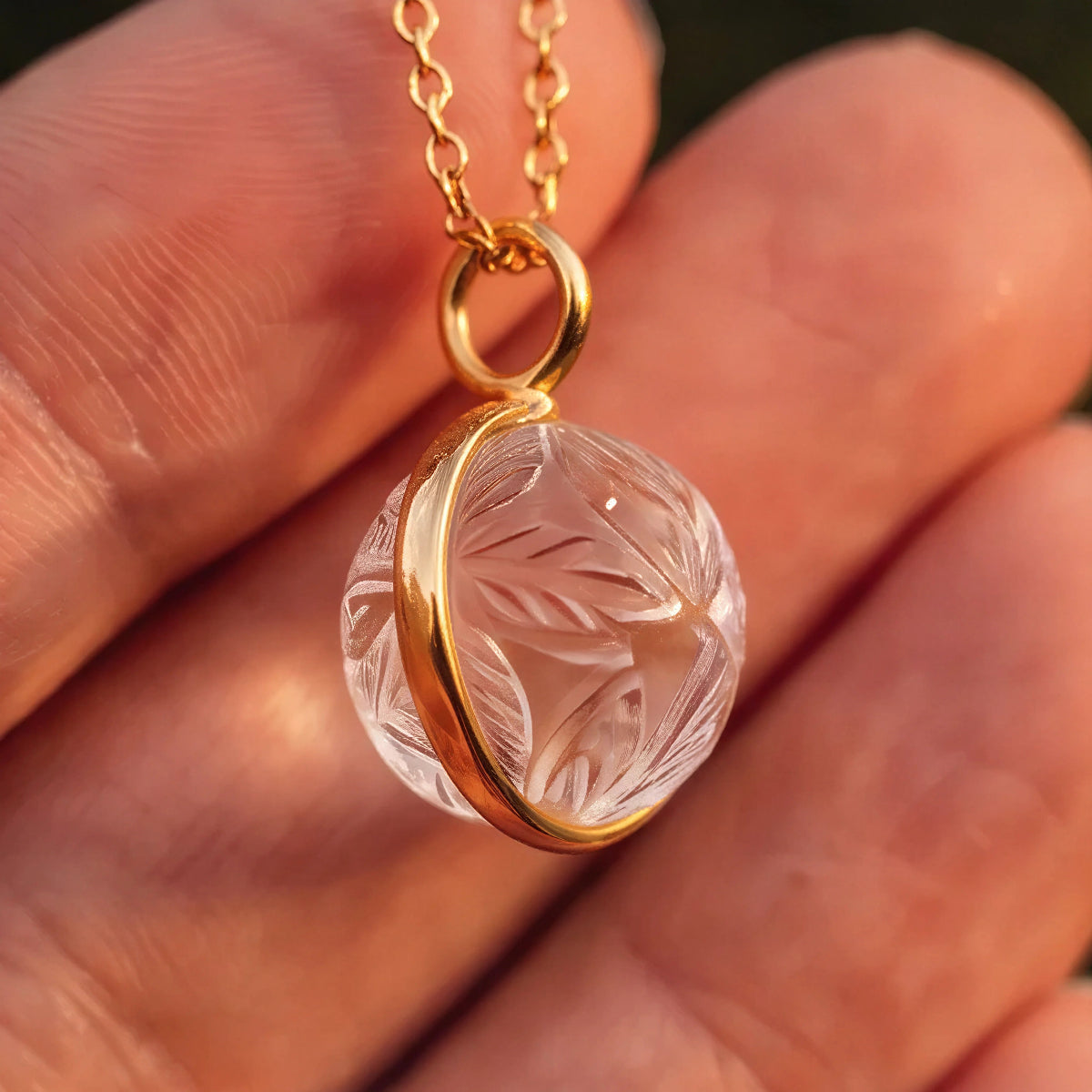 Carved Rock Crystal Ball Pendant | Long Satellite Chain