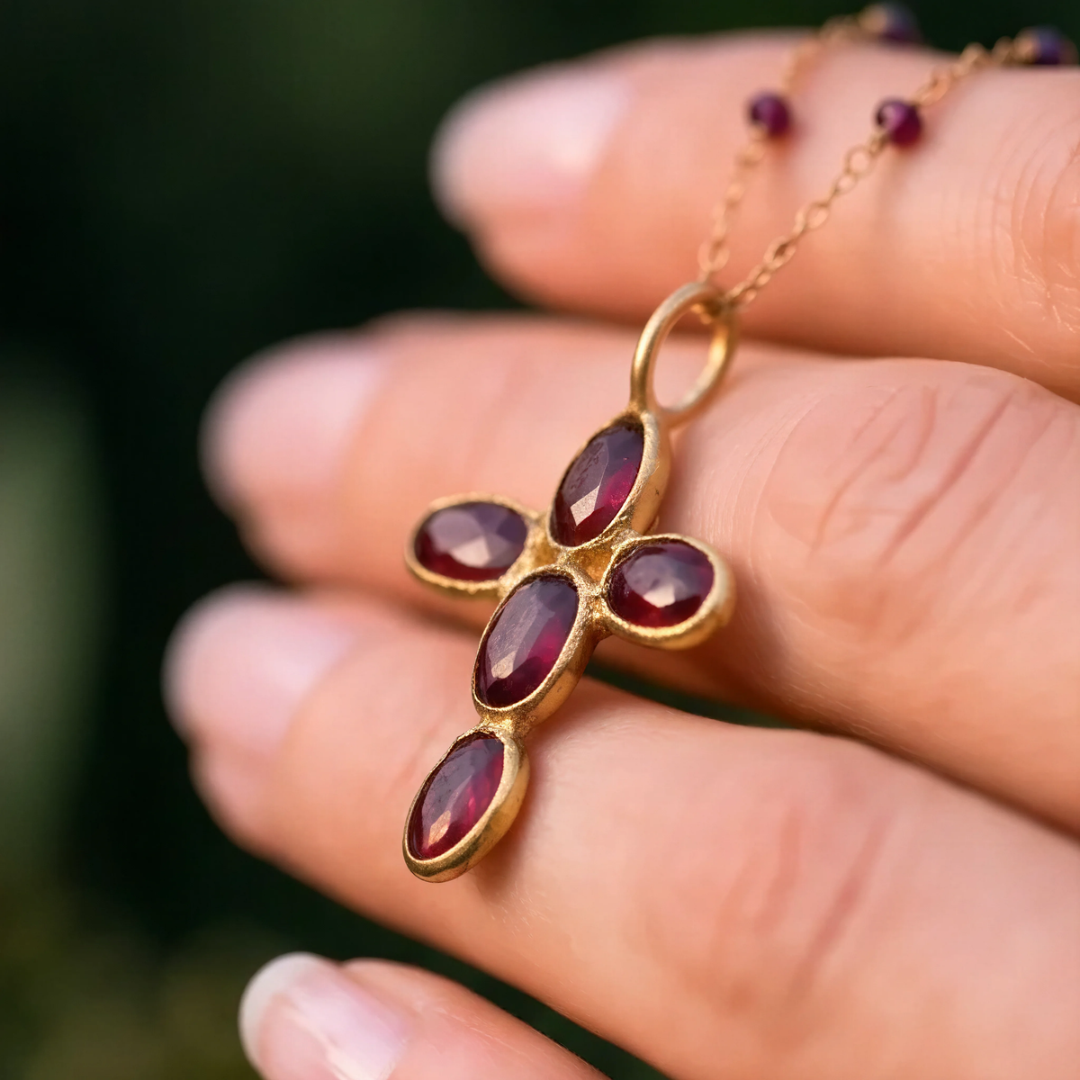 Small Cross Garnet On Short Fancy Garnet Rosary or Satellite chain