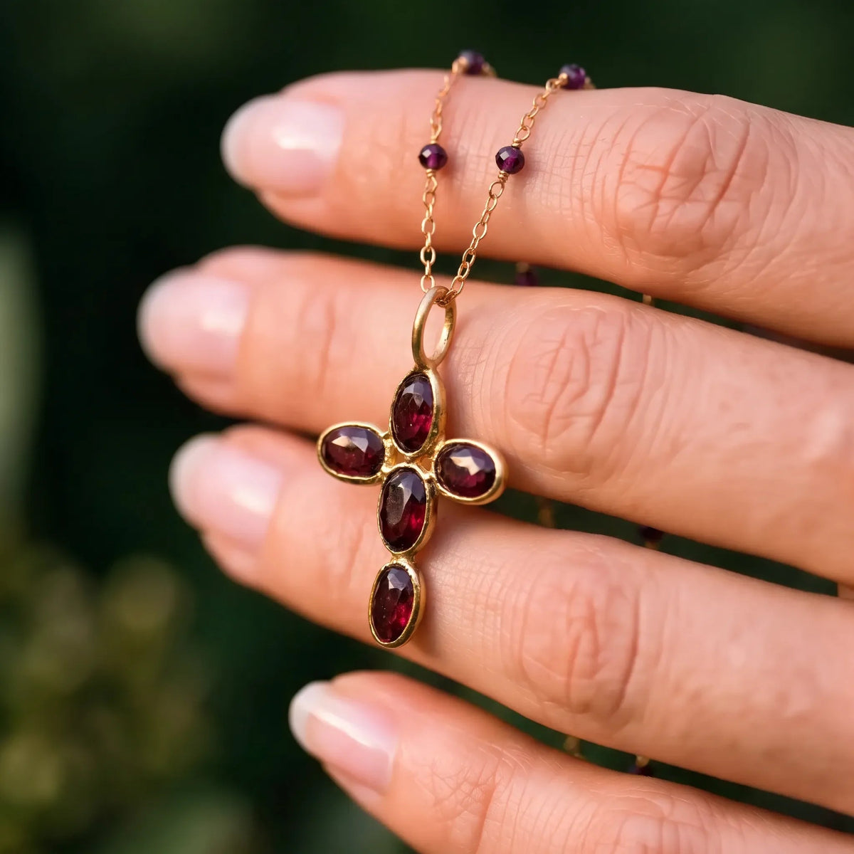 Small Cross Garnet On Short Fancy Garnet Rosary or Satellite chain