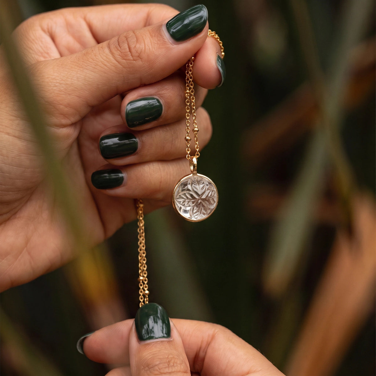 Carved Rock Crystal Ball Pendant | Long Satellite Chain