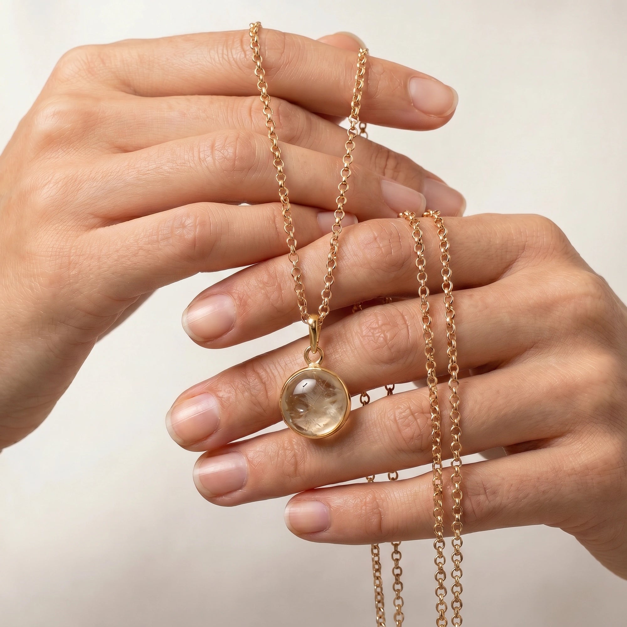 Citrine Cabochon Pendant With Inclusions on Long Baby Belcher Chain