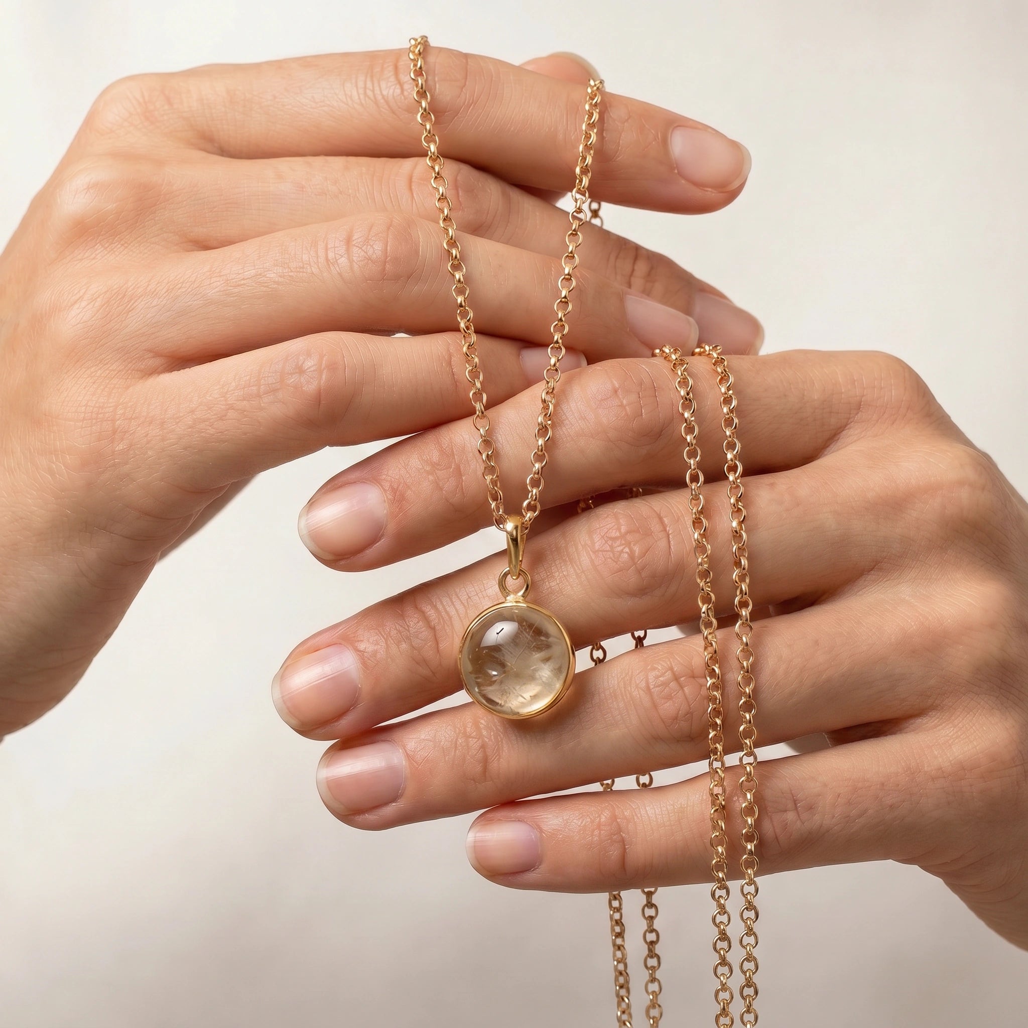 Citrine Cabochon Pendant With Inclusions on Long Baby Belcher Chain