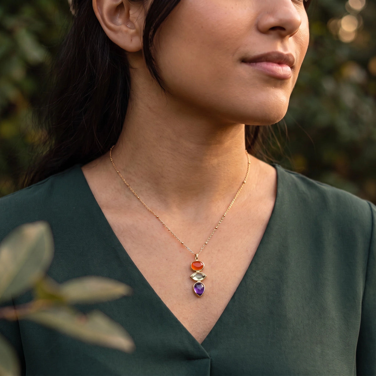 Indira Three Stone Pendant With Amethyst, Lemon Quartz And Red Onyx