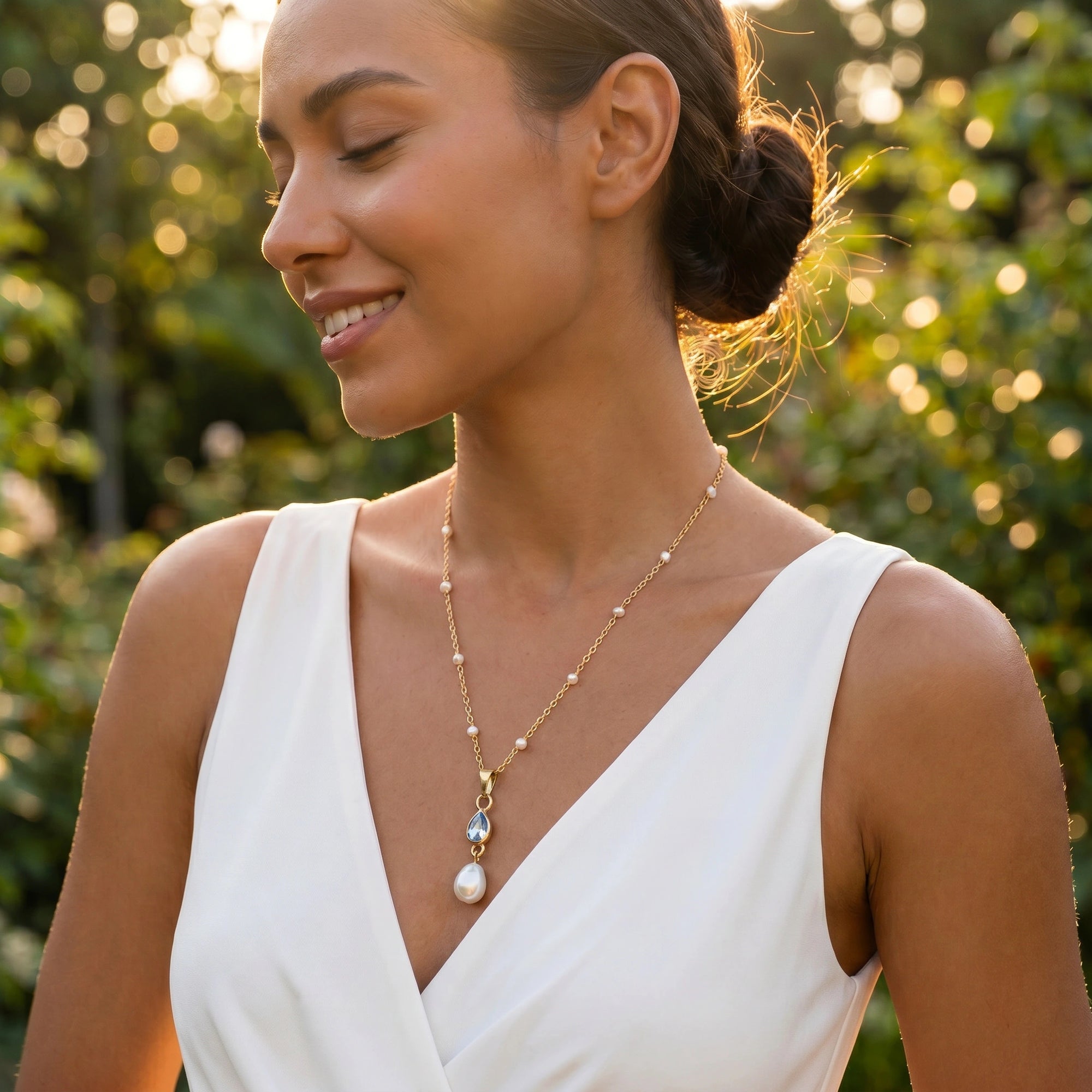 Louise Blue Topaz Or Garnet With Pearl On Fancy Pearl Rosary