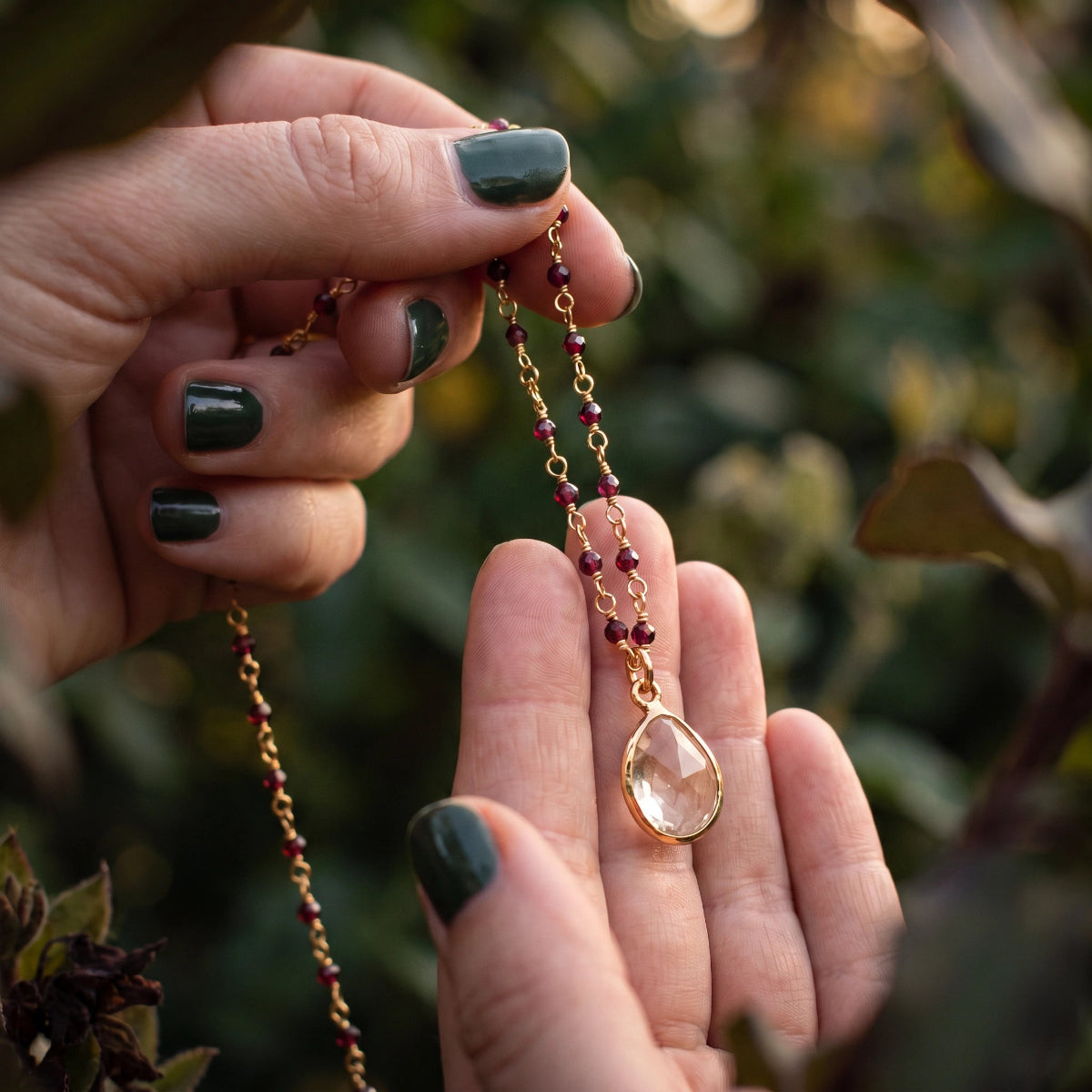 Sweet Citrine freeform pendant on short satellite chain or Rosary Garnet