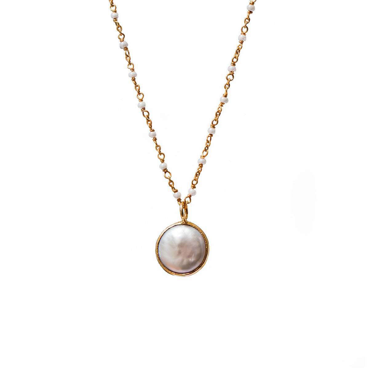 Moon Duo Pendant With Moonstone and Freshwater pearl On Long Pearl Rosary