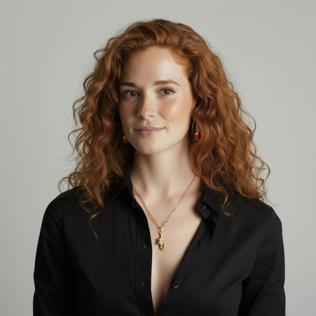 Woman with red hair wearing a black shirt and gold monkey charm necklace against a grey background