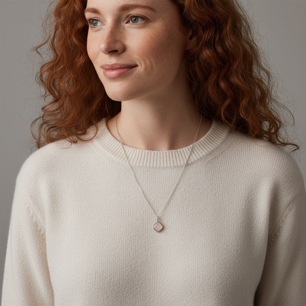 Sweet Rose Quartz Freeform Pendant On Short Simple Silver Chain