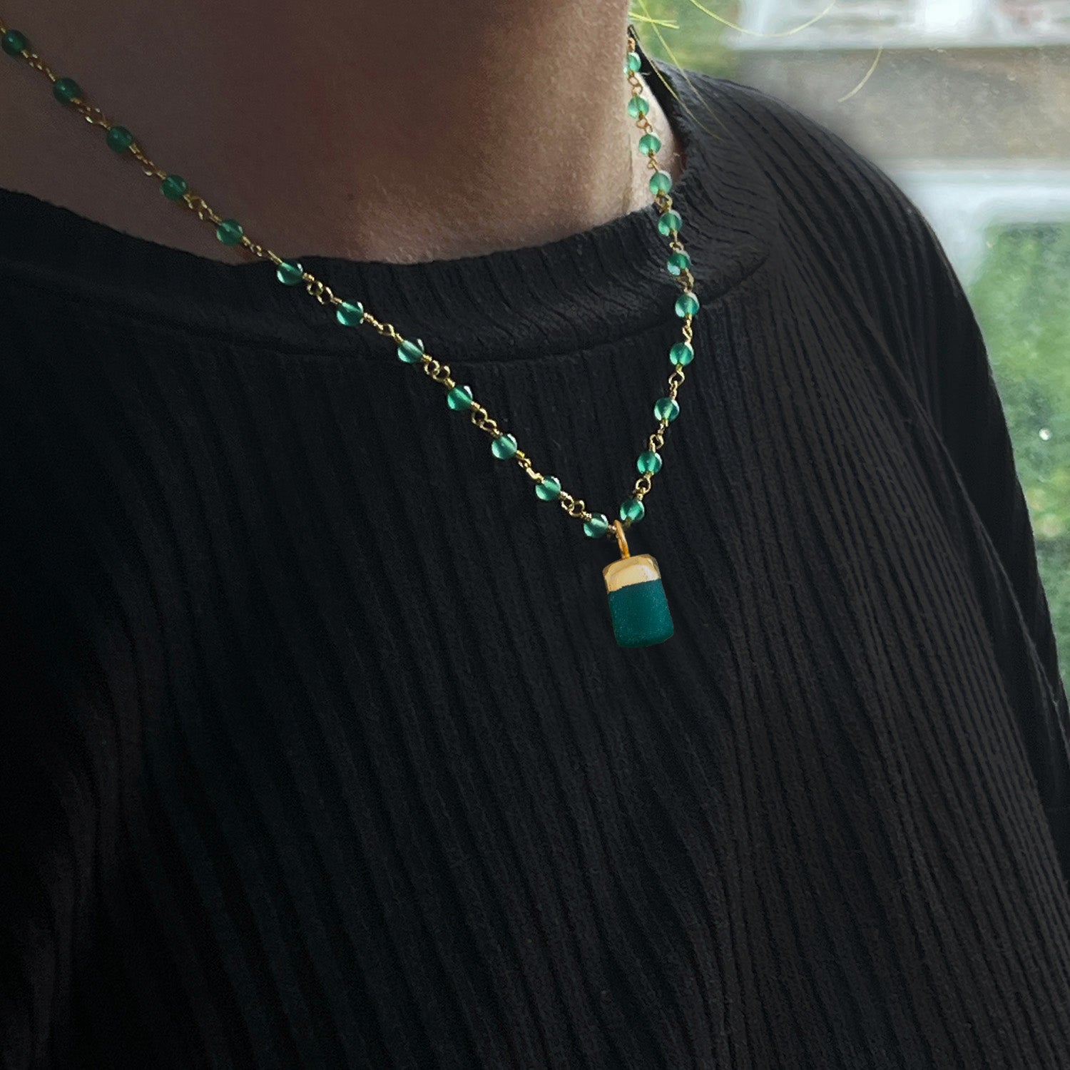 Raw Green Onyx Geometric Pendant On Short Green Onyx Rosary