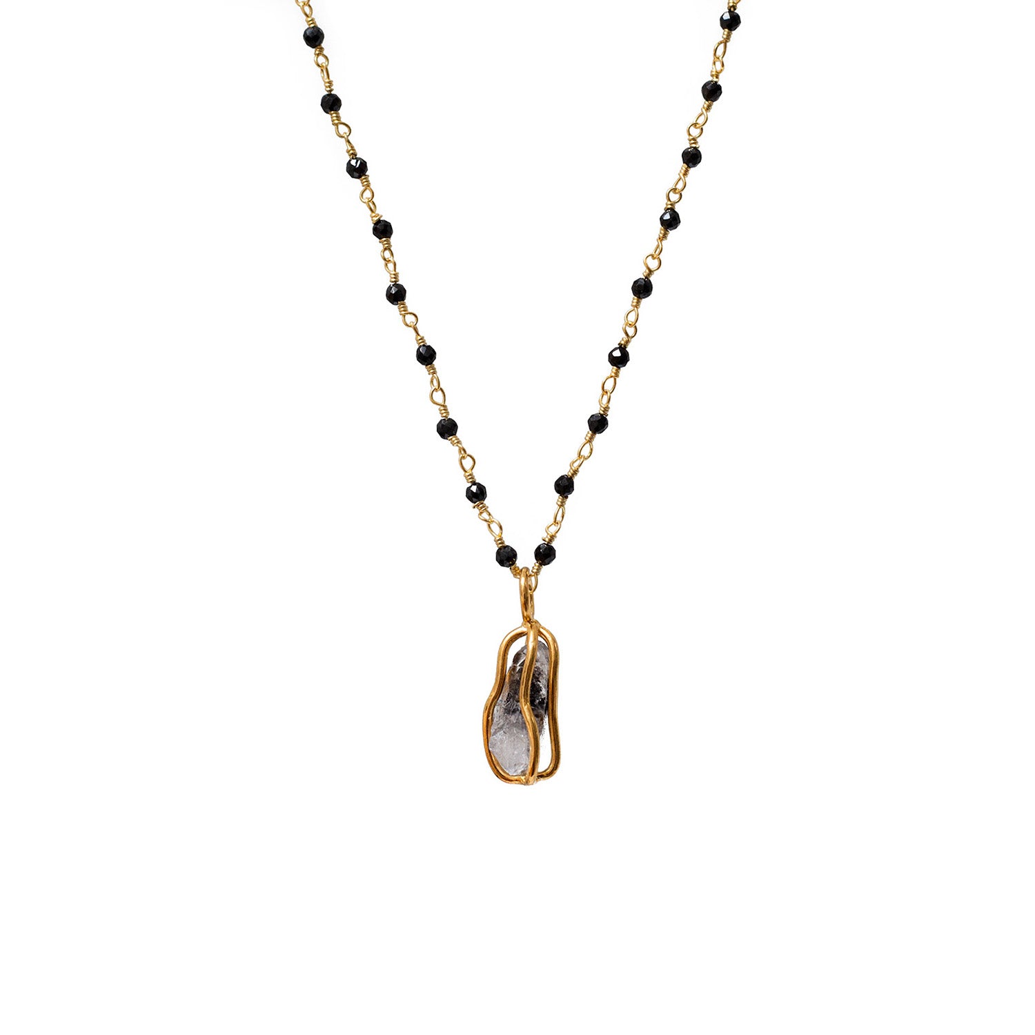 Raw Herkimer Diamond Cage Pendant On Long Black Onyx Rosary