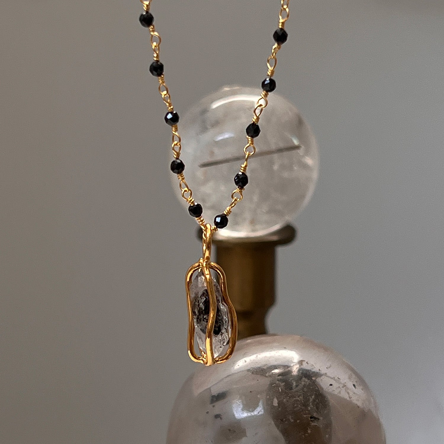 Raw Herkimer Diamond Cage Pendant On Long Black Onyx Rosary