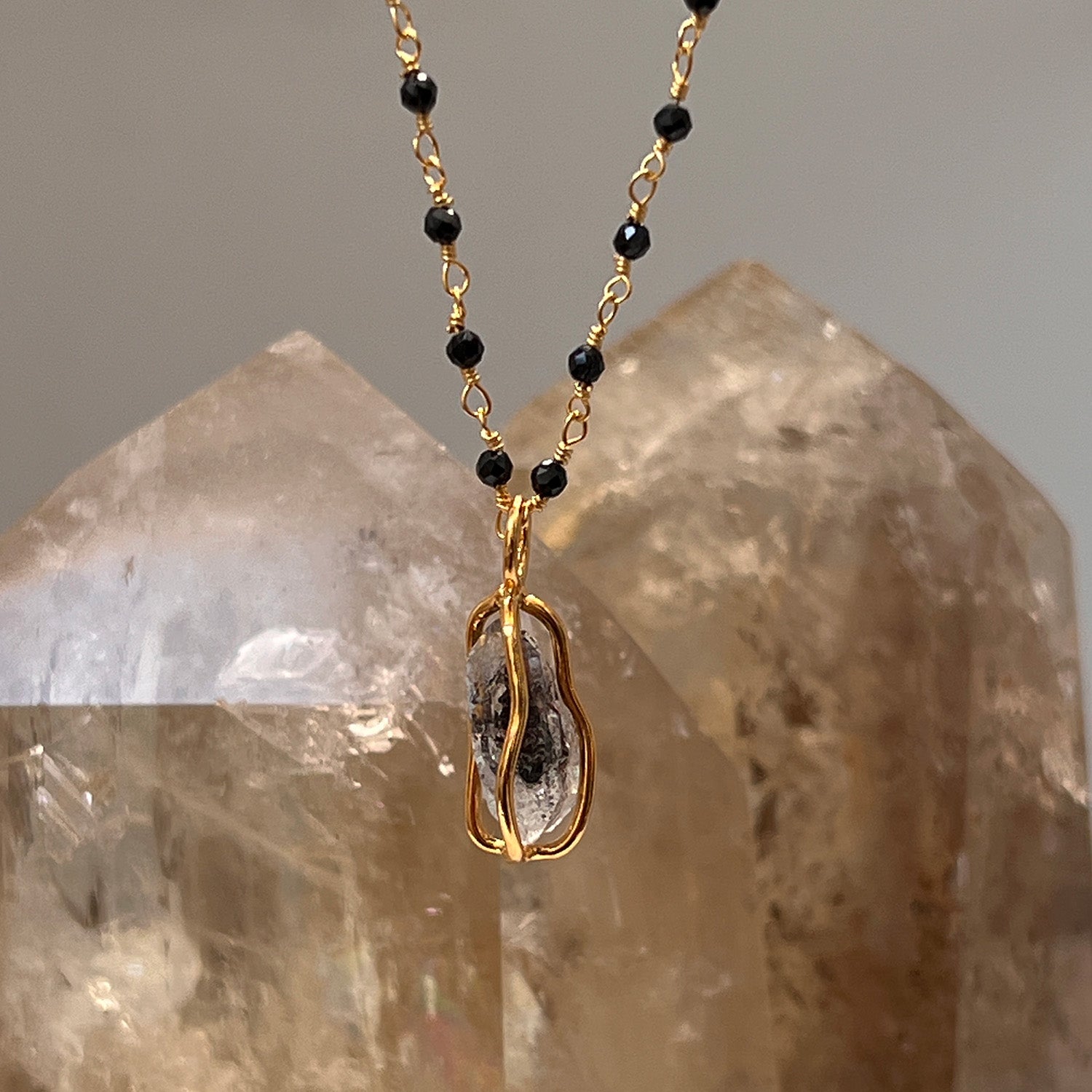 Raw Herkimer Diamond Cage Pendant On Long Black Onyx Rosary