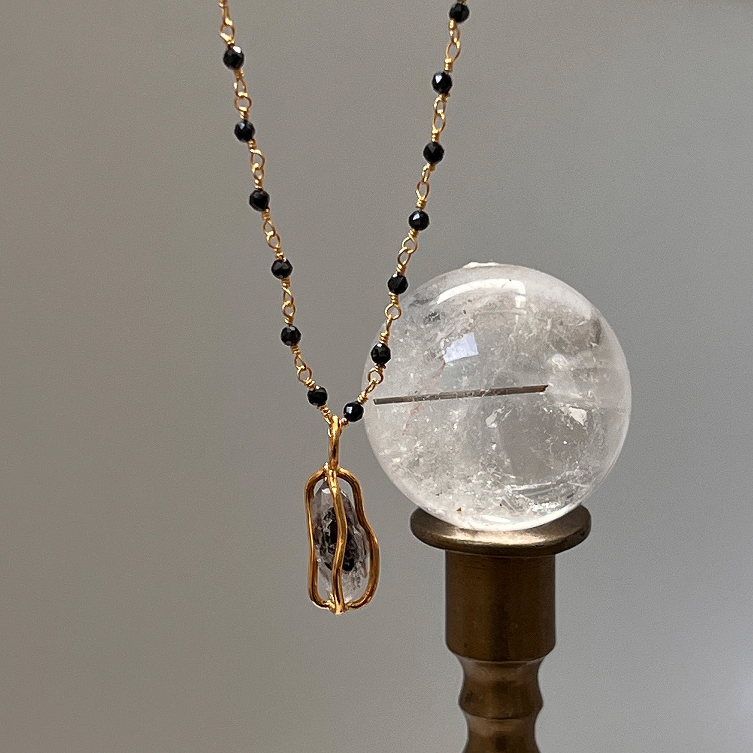Raw Herkimer Diamond Cage Pendant On Long Black Onyx Rosary