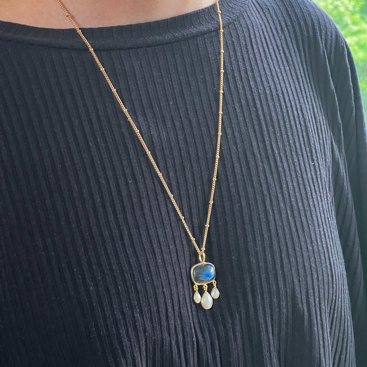 Rosa Labradorite And Pearl Pendant On Long Biba Chain