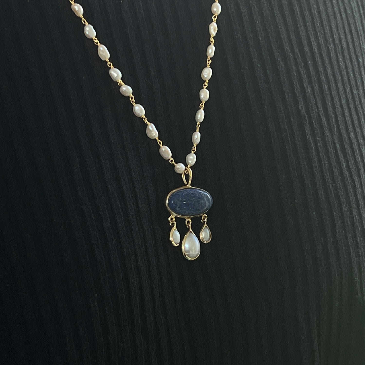 Rosa Oval Lapis Lazuli And Pearl Pendant On Long Pearl Rosary