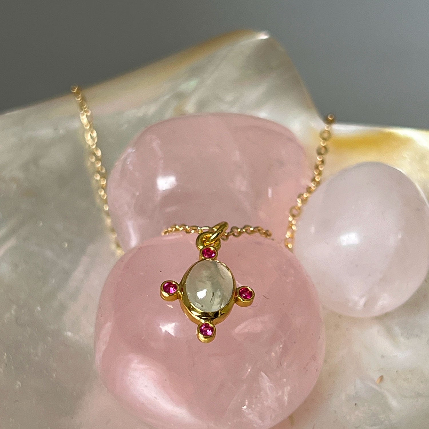 Serena Prehnite & Pink Zircon Pendant on Short Simple Chain