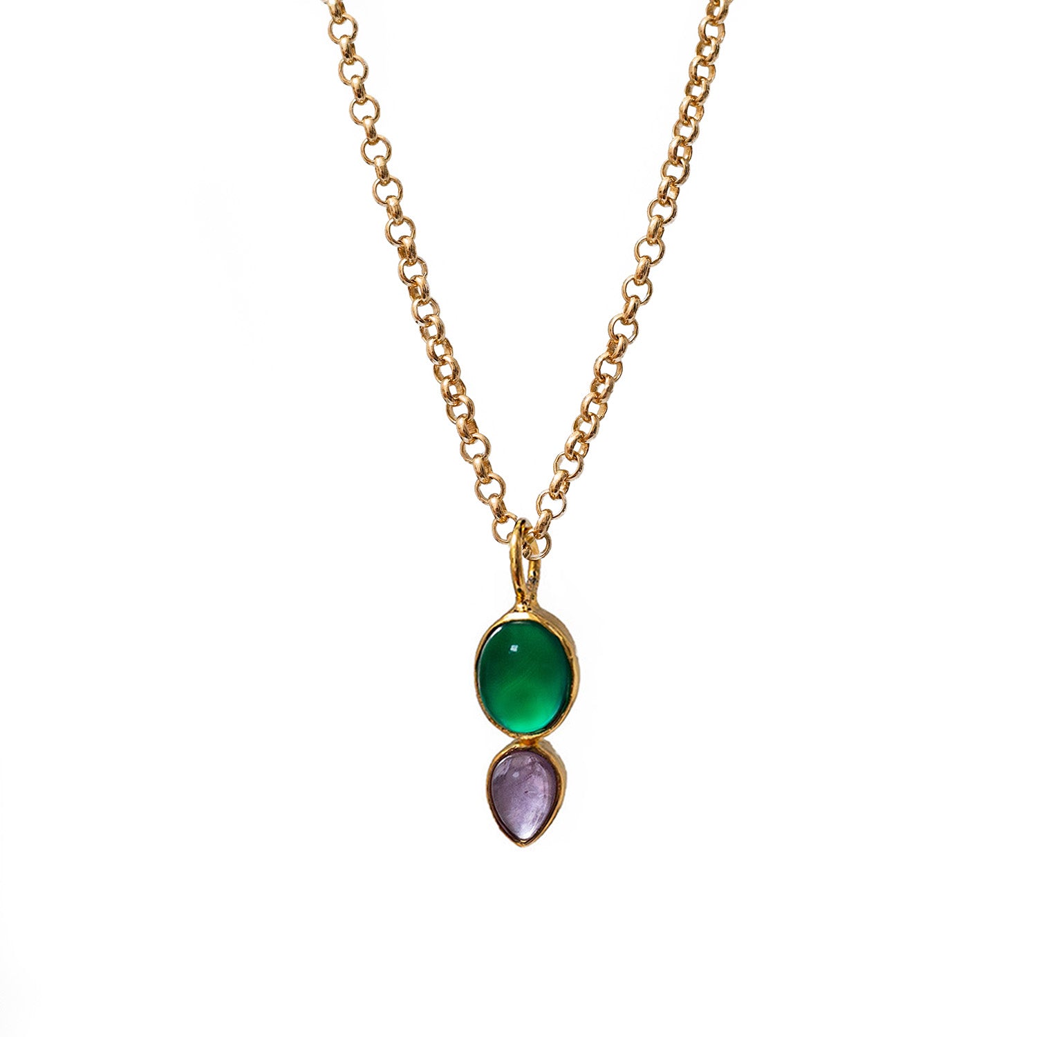 Shakti Green Onyx And Amethyst Pendant On Long Baby Belcher Chain