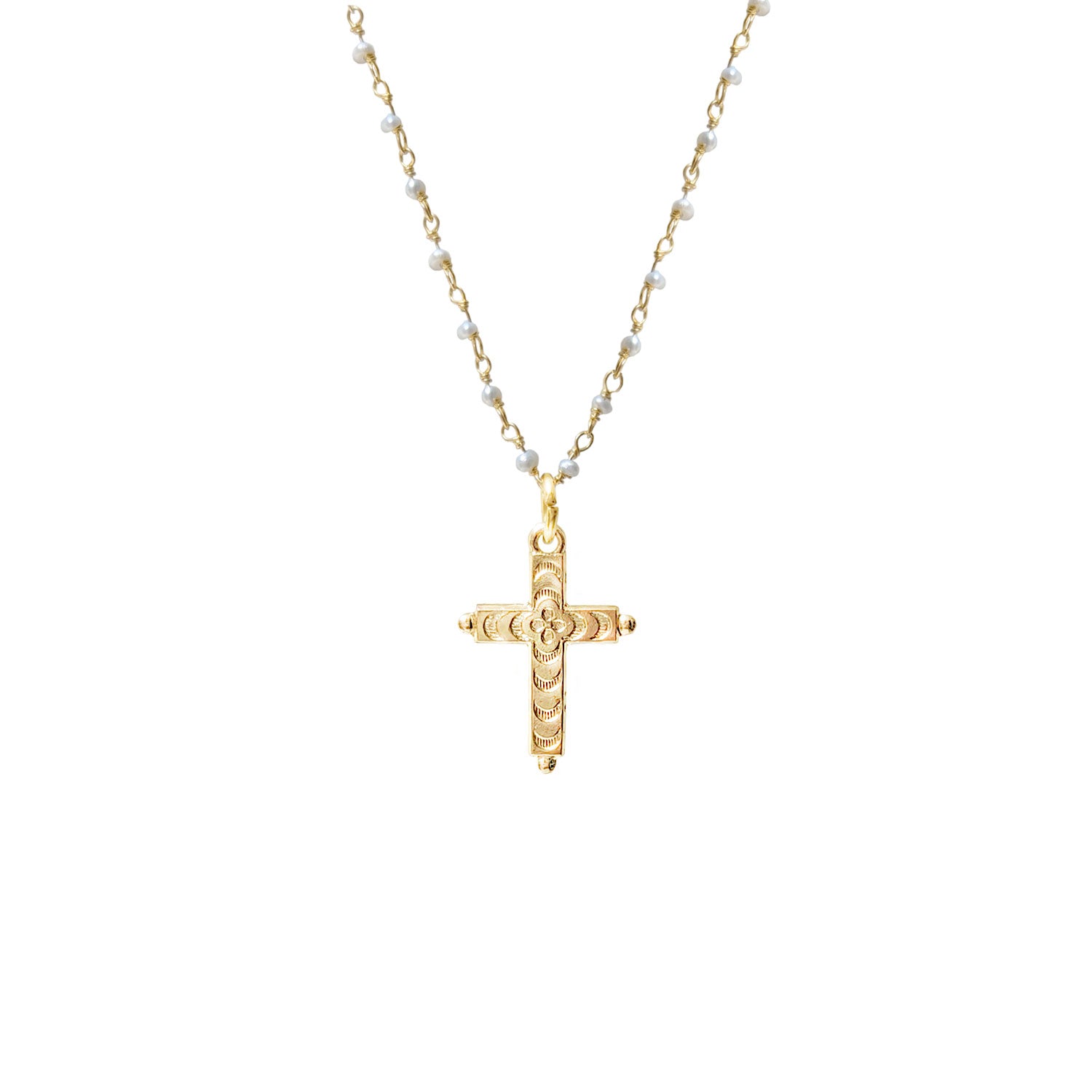 Pearl Rosary with Small French Cross Pendant