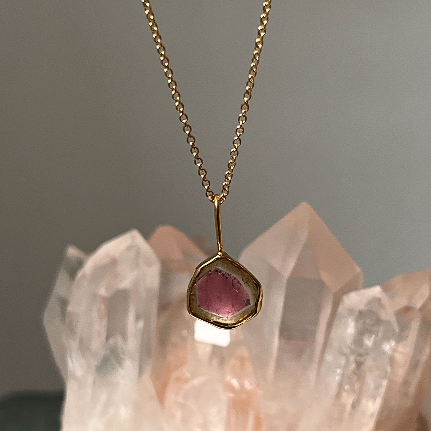 Small Unique Freeform Watermelon Tourmaline Slice Pendant