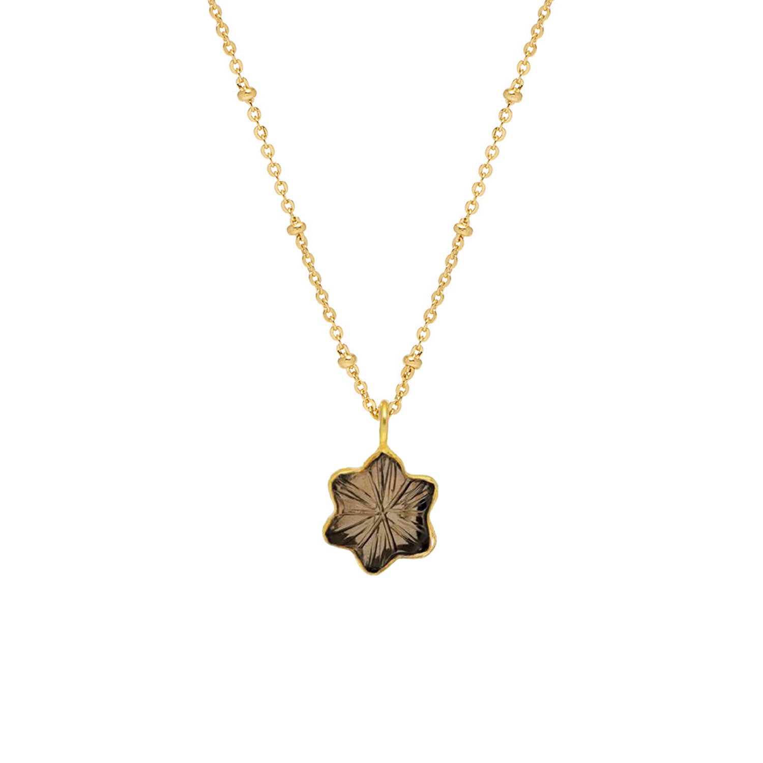 Carved Star Pendant Smokey Quartz on a Short Satellite Chain