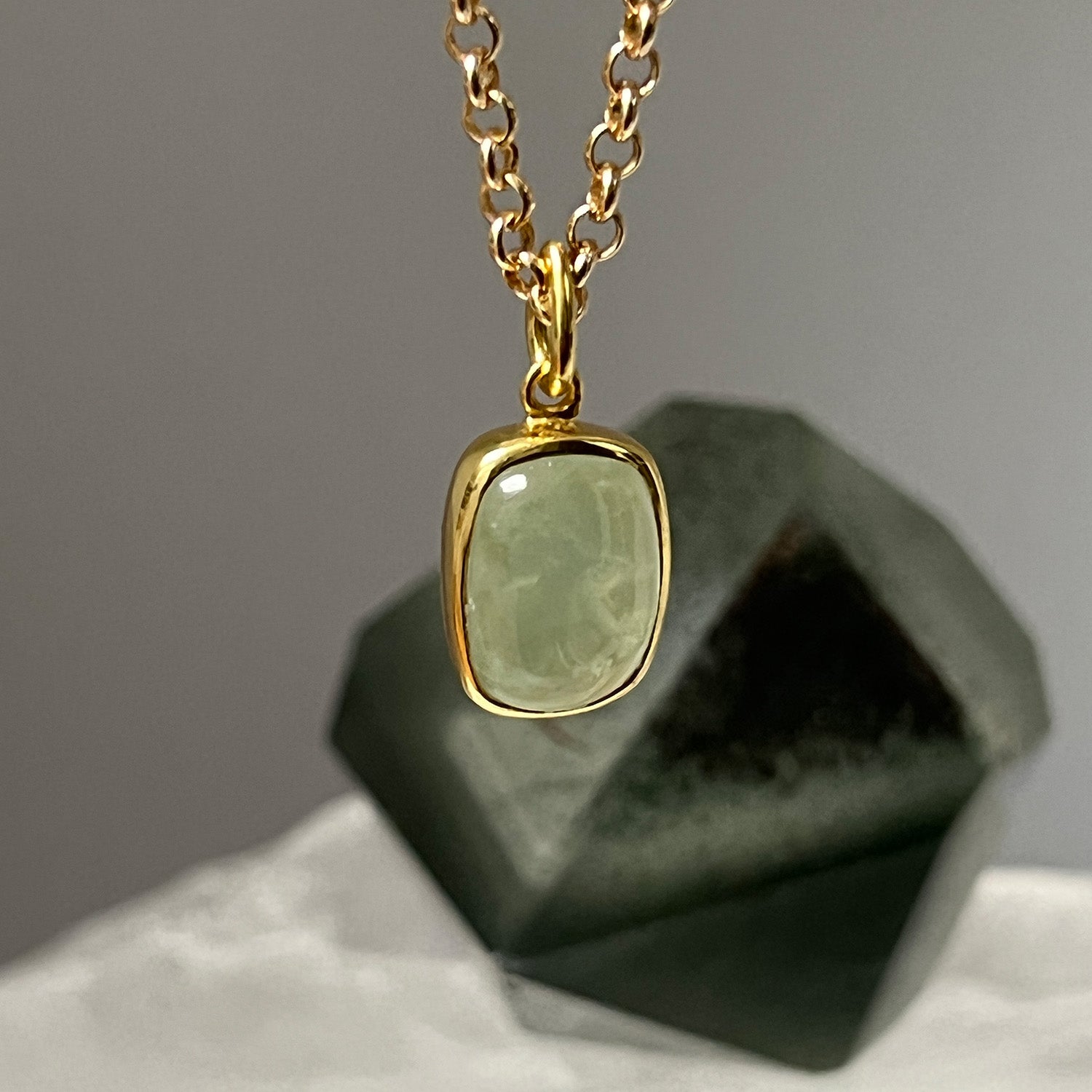 Rectangular Chunky Prehnite Cabochon On Short Baby Belcher Chain