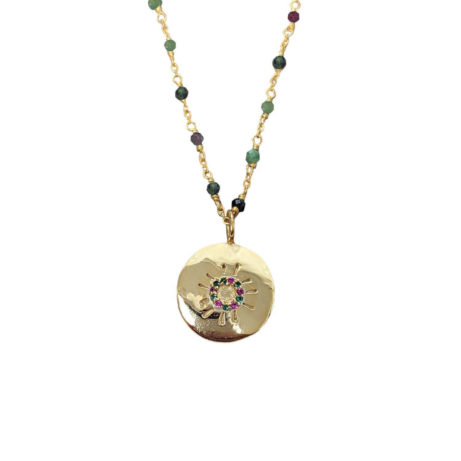 Sun Medal with Mulitcoloured Zircons on a Long Ruby Zoisite Rosary - Fairtrade